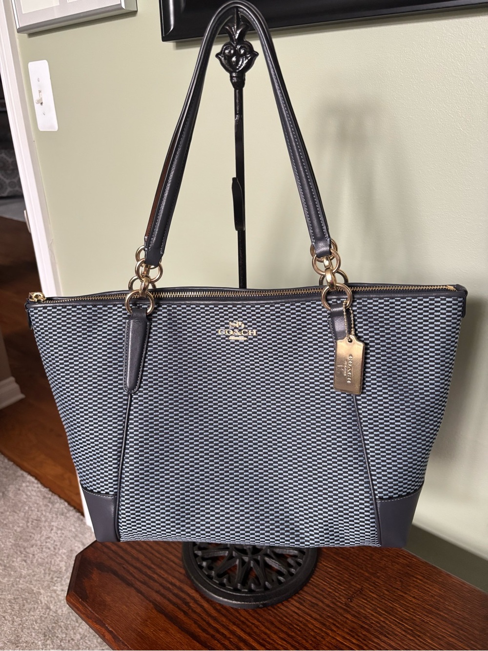 Coach Navy and Gray Patterned Tote with Gold Hardware